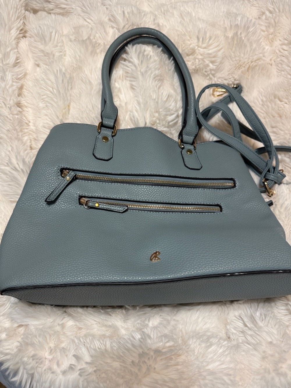Pebbled Tote Handbag in Dusty Blue with Gold Accents